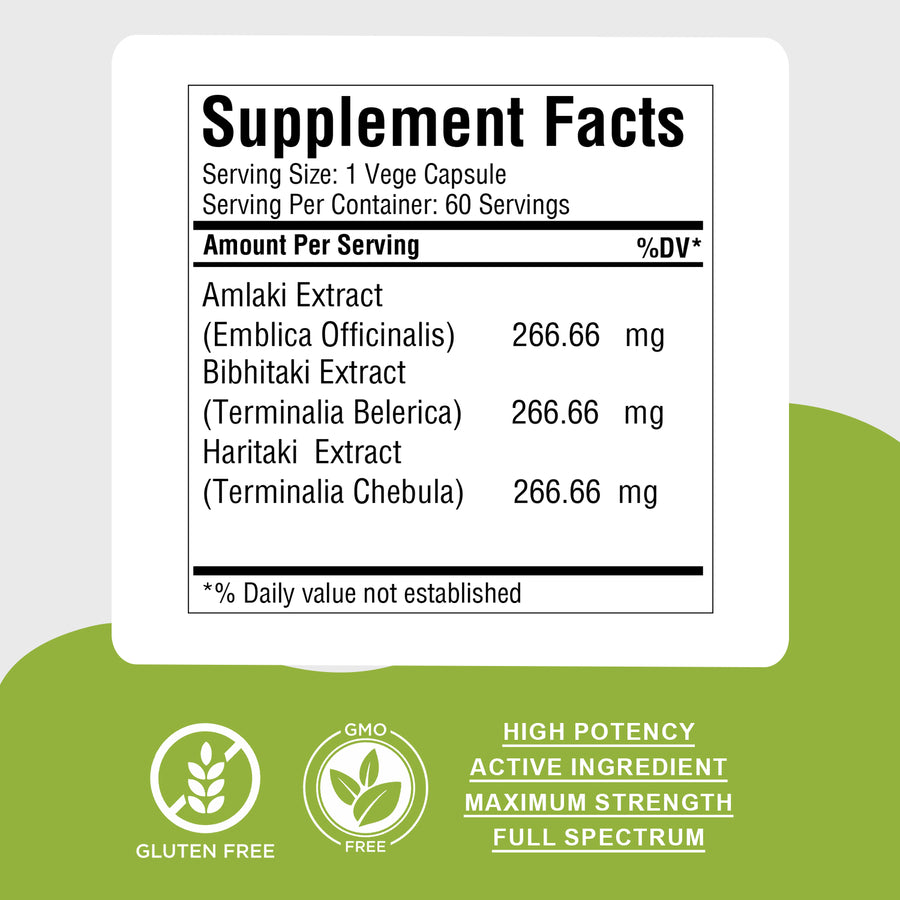 Triphala Capsules - Ayurvedic Herbal Supplement – 60 Vege Capsules – 800 Mg Each