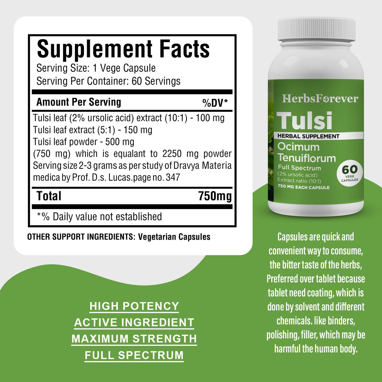Tulsi Capsules – Ocimum Sanctum - 2% ursolic acid - Extract Ratio 10:1 - 60 Vege Capsules - 750 mg each