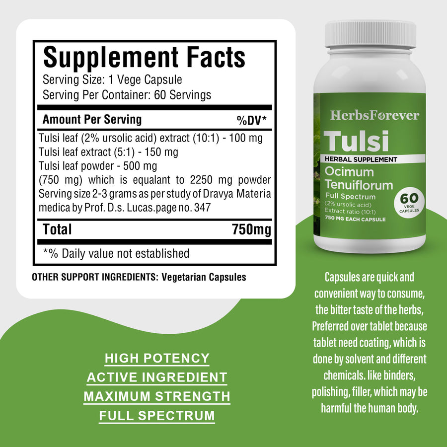 Tulsi Capsules – Ocimum Sanctum - 2% ursolic acid - Extract Ratio 10:1 - 60 Vege Capsules - 750 mg each