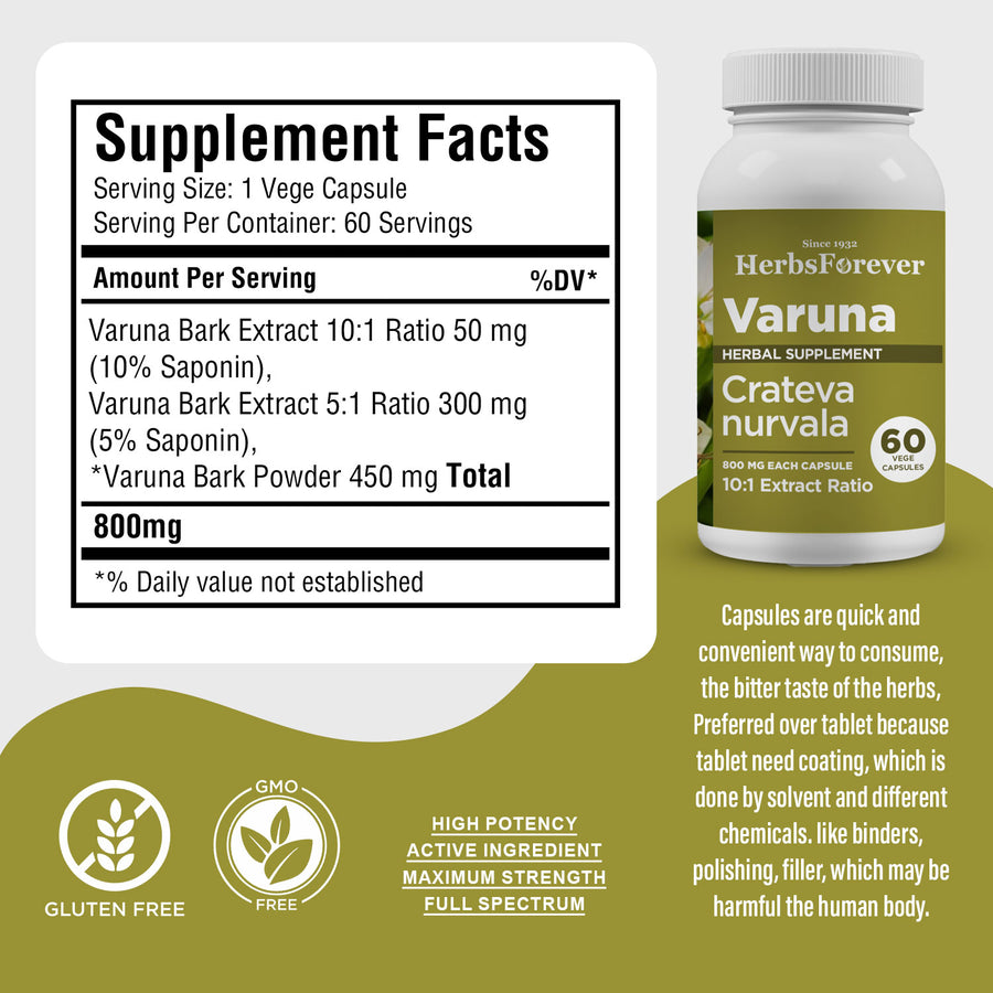 Varuna Capsules - Vegan & Gluten Free - Plant Based Supplement - 60 Vege Capsules - 800 Mg Each