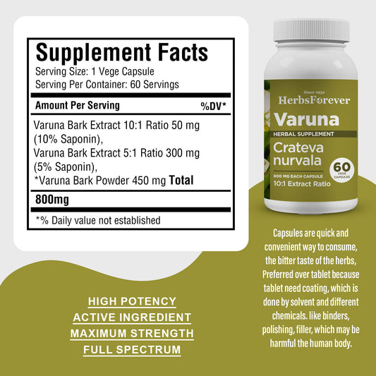 Varuna Capsules - Vegan & Gluten Free - Plant Based Supplement - 60 Vege Capsules - 800 Mg Each