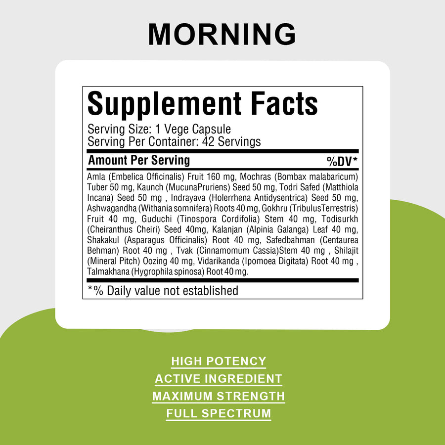 Vigor Forte Capsules - Ayurvedic Herbal Supplement – Combination Pack (2 Bottles) Morning Strength: 42 Capsules, 800 mg each & Evening Strength 42 Veg Capsules, 800 mg each