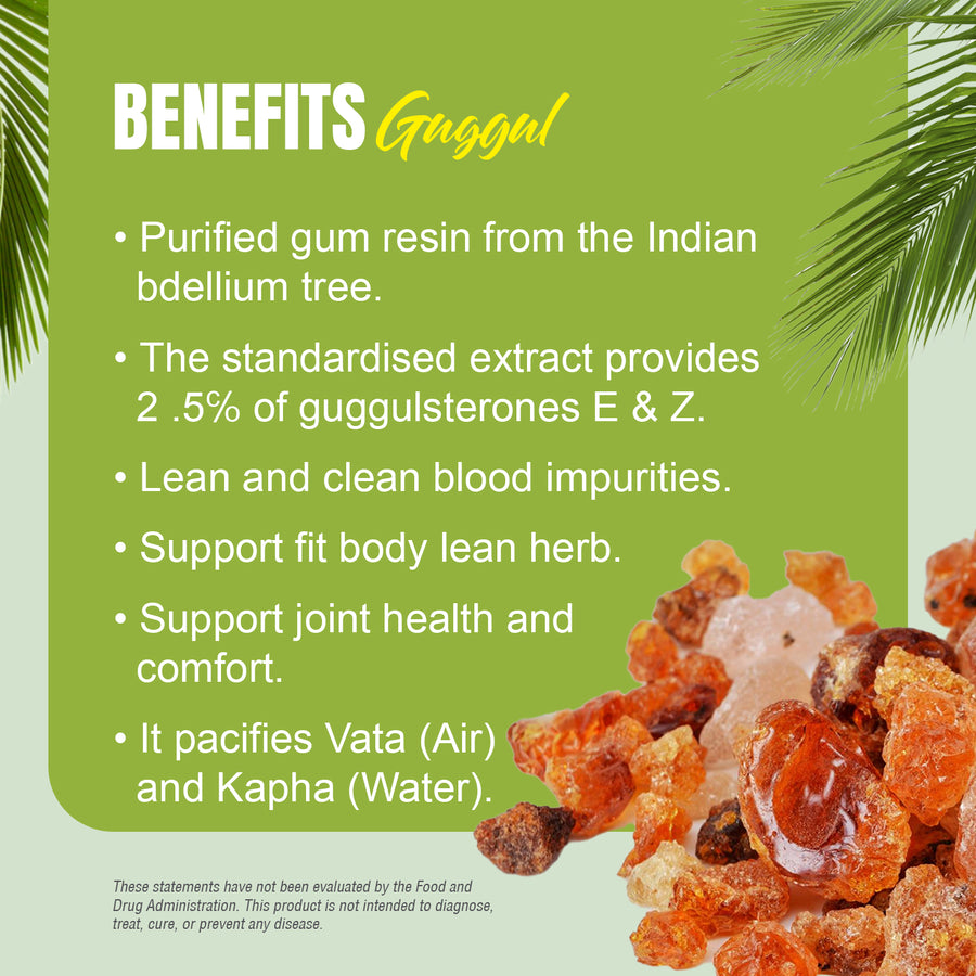 Guggul Resin Capsules – Commiphora Wightii - 2.5% Z+E - Extract Ratio 5:1 - 90 Vege Capsules - 800 mg each