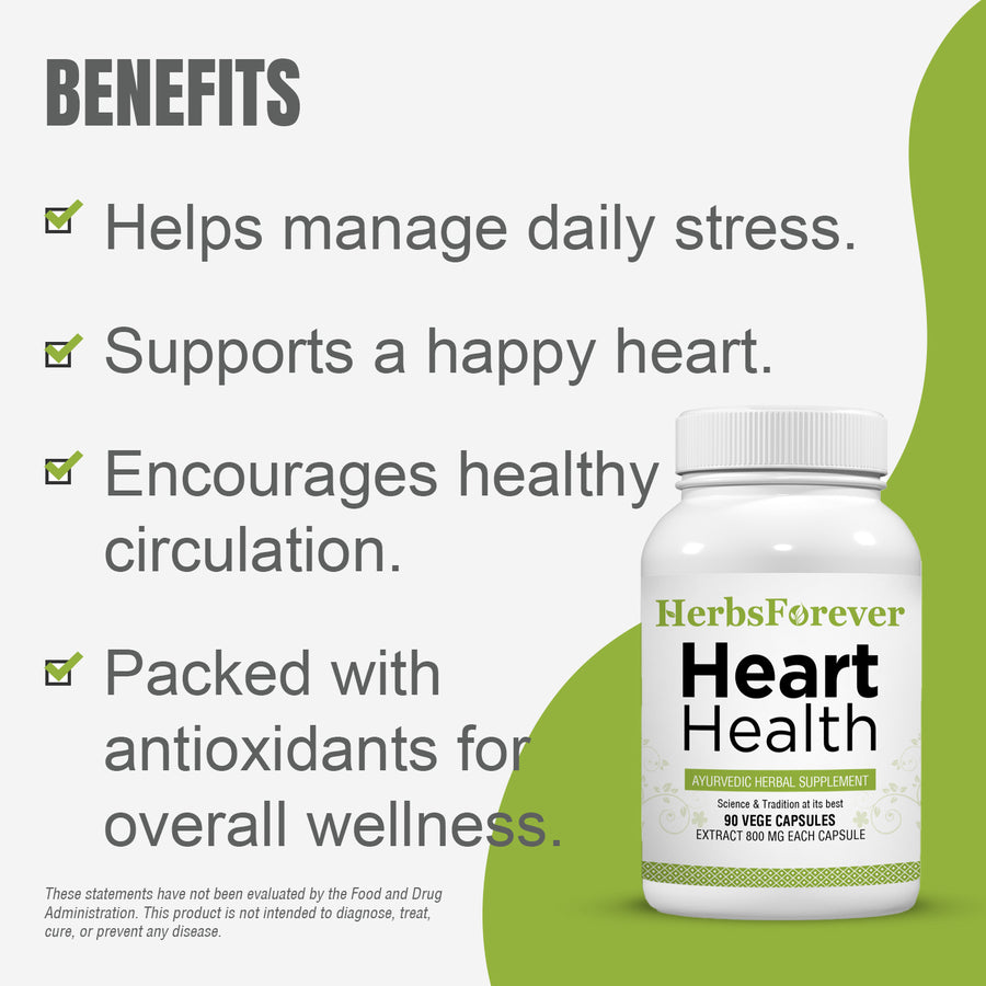 Heart Health Capsules - Ayurvedic Herbal Supplement – 90 Vege Capsules – 800 Mg Each