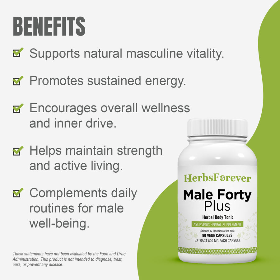 Male Forty Plus Capsules - Ayurvedic Herbal Supplement – 90 Vege Capsules – 800 Mg Each