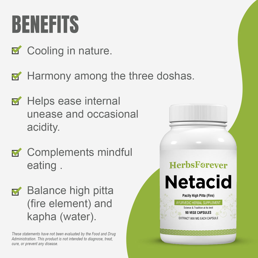 Netacid Capsules - Ayurvedic Herbal Supplement – 90 Vege Capsules – 800 Mg Each
