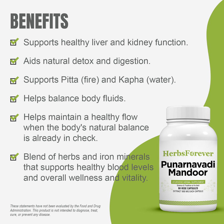 Punarnavadi Mandoor - Ayurvedic Herbal Supplement - 90 Vege Capsules - 800 Mg Each