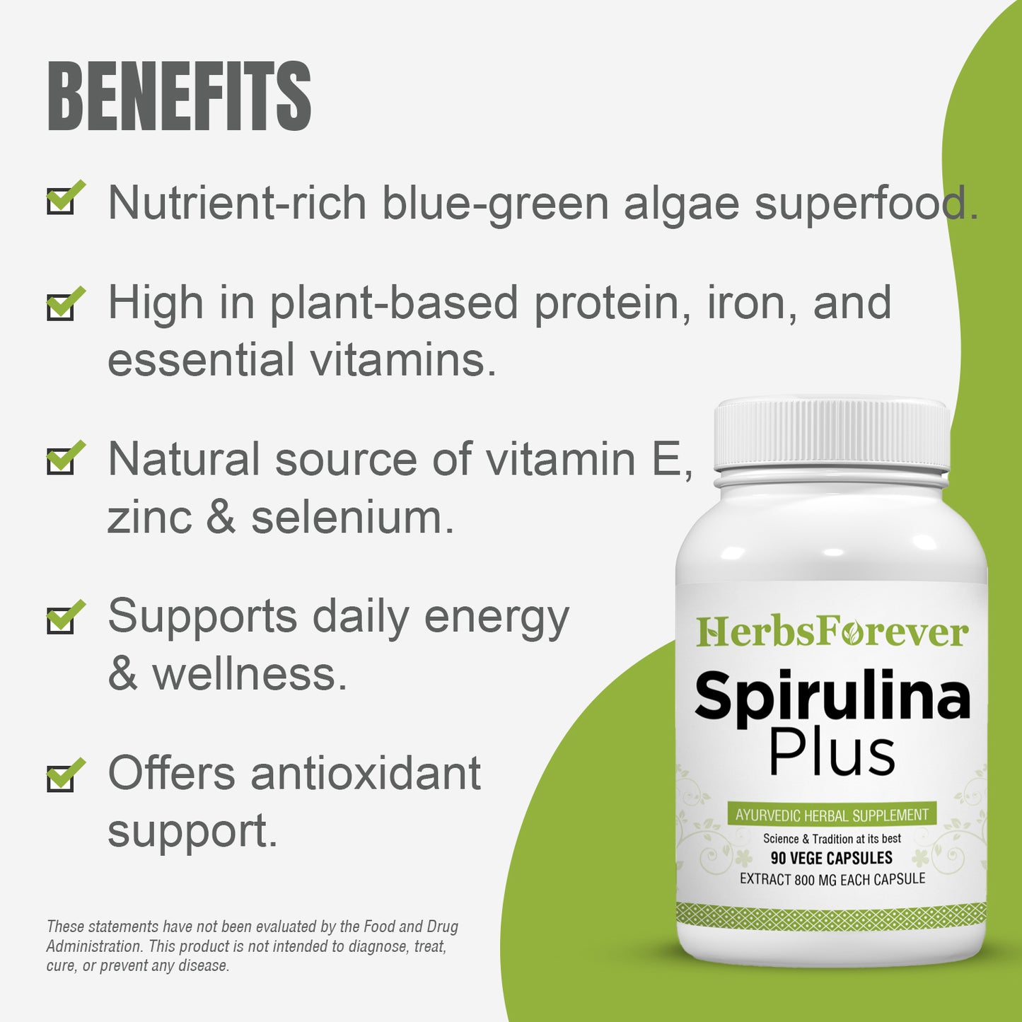 Spirulina Plus Capsules - Ayurvedic Herbal Supplement (90 Vege Capsules – 800 Mg Each)