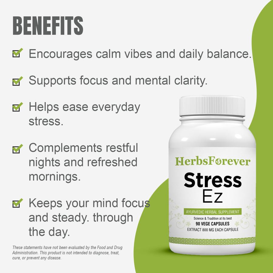 Stress Ez Capsules - Ayurvedic Herbal Supplement – (90 Vege Capsules – 800 Mg Each)