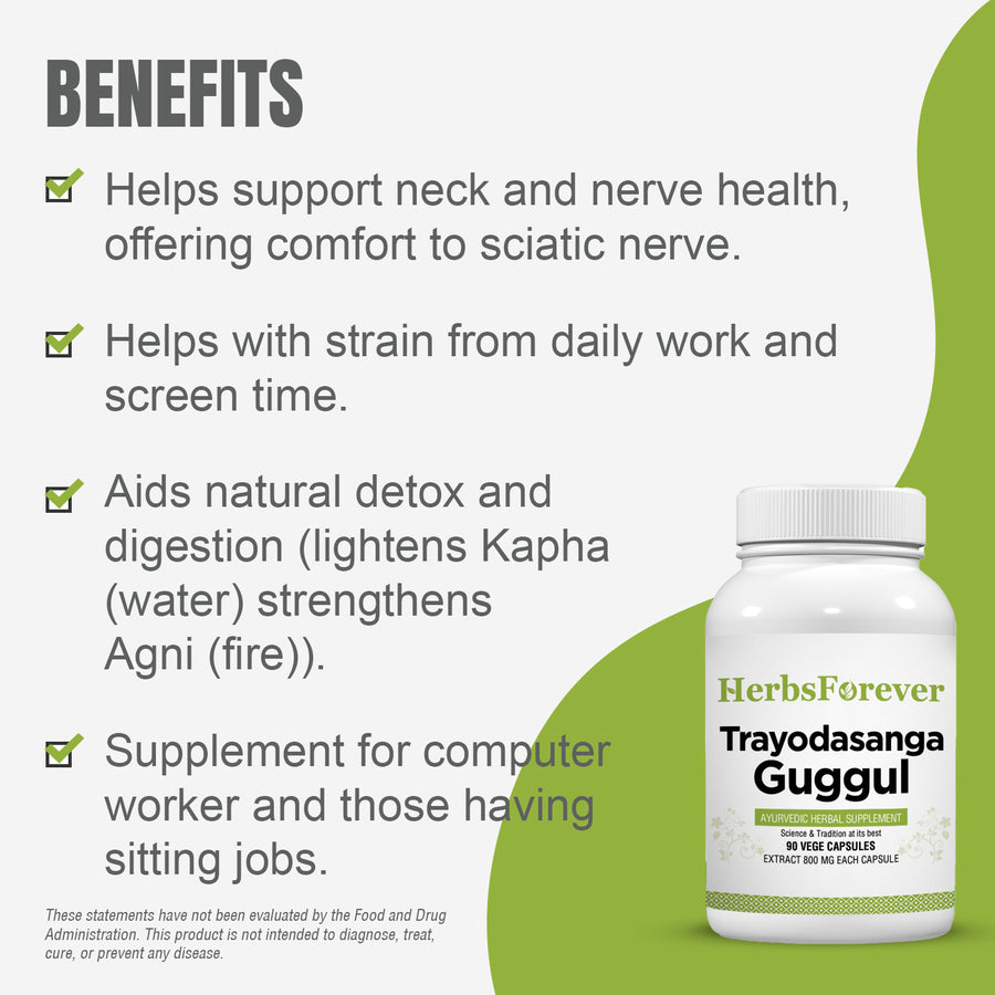 Trayodasanga Guggulu - Ayurvedic Herbal Supplement - 90 Vege Capsules - 800 Mg Each