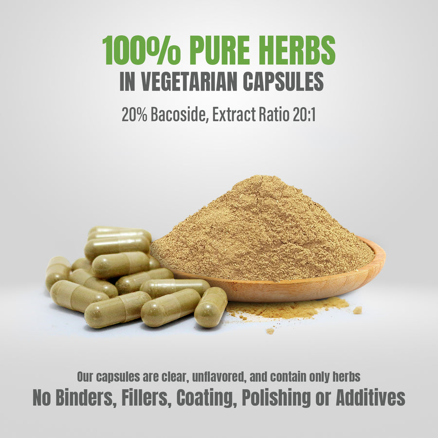 Brahmi Capsules (Bacopa Monnieri) - 20% Bacoside - Extract Ratio 20:1 - 60 Vege Capsules - 700 mg each