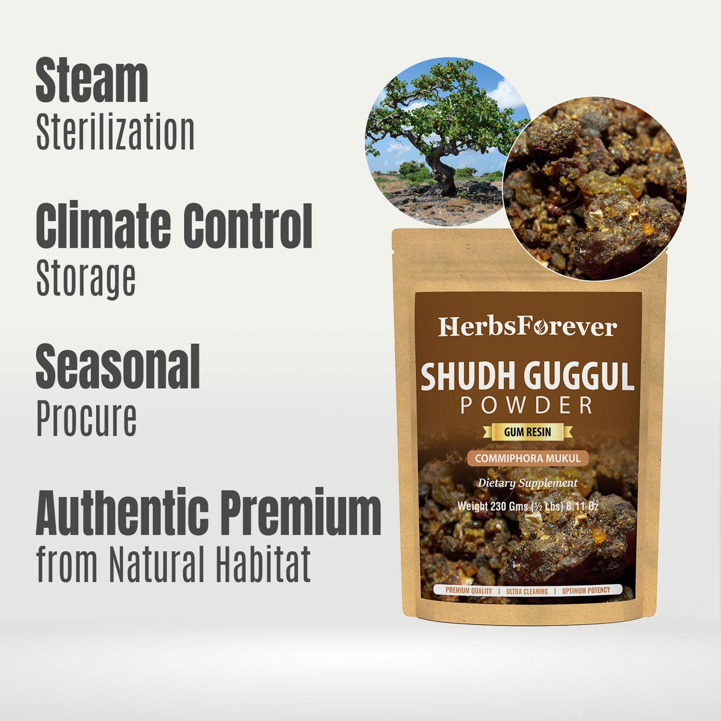 Shudh (Purified) Guggul Resin Powder – (Commiphora Mukul) – Non GMO - Vegan – 230 Gms - ½ LBS