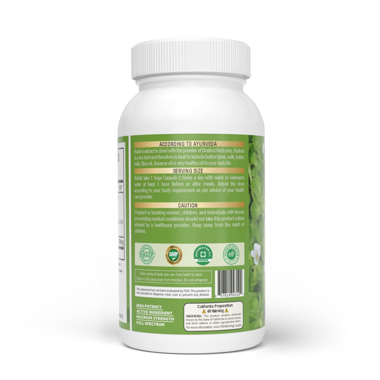 Brahmi Capsules (Bacopa Monnieri) - 20% Bacoside - Extract Ratio 20:1 - 60 Vege Capsules - 700 mg each
