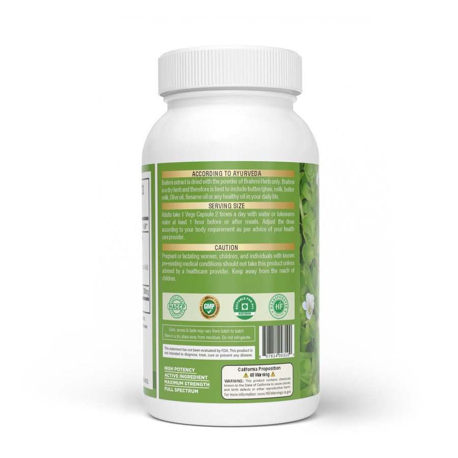 Brahmi Capsules (Bacopa Monnieri) - 20% Bacoside - Extract Ratio 20:1 - 60 Vege Capsules - 700 mg each