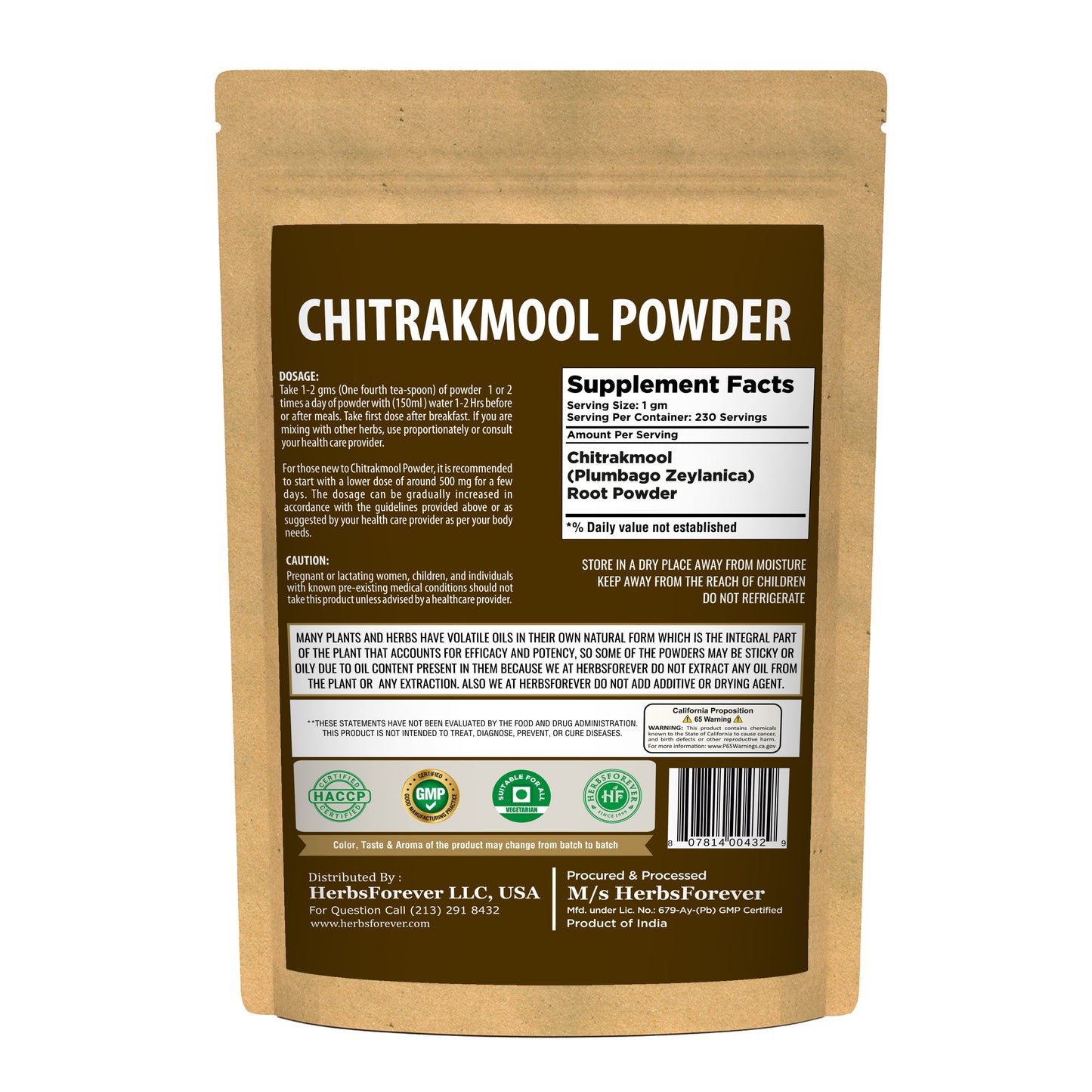 Chitrakmool Powder (Plumbago Zeylanica) - Non GMO - Vegan - (230 Gms - ½ LBS)