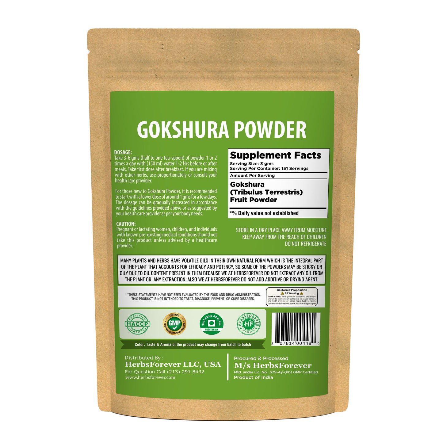Gokshura Powder (Tribulus Terrestris) - Non GMO - Vegan - (454Gms - 1LBS)