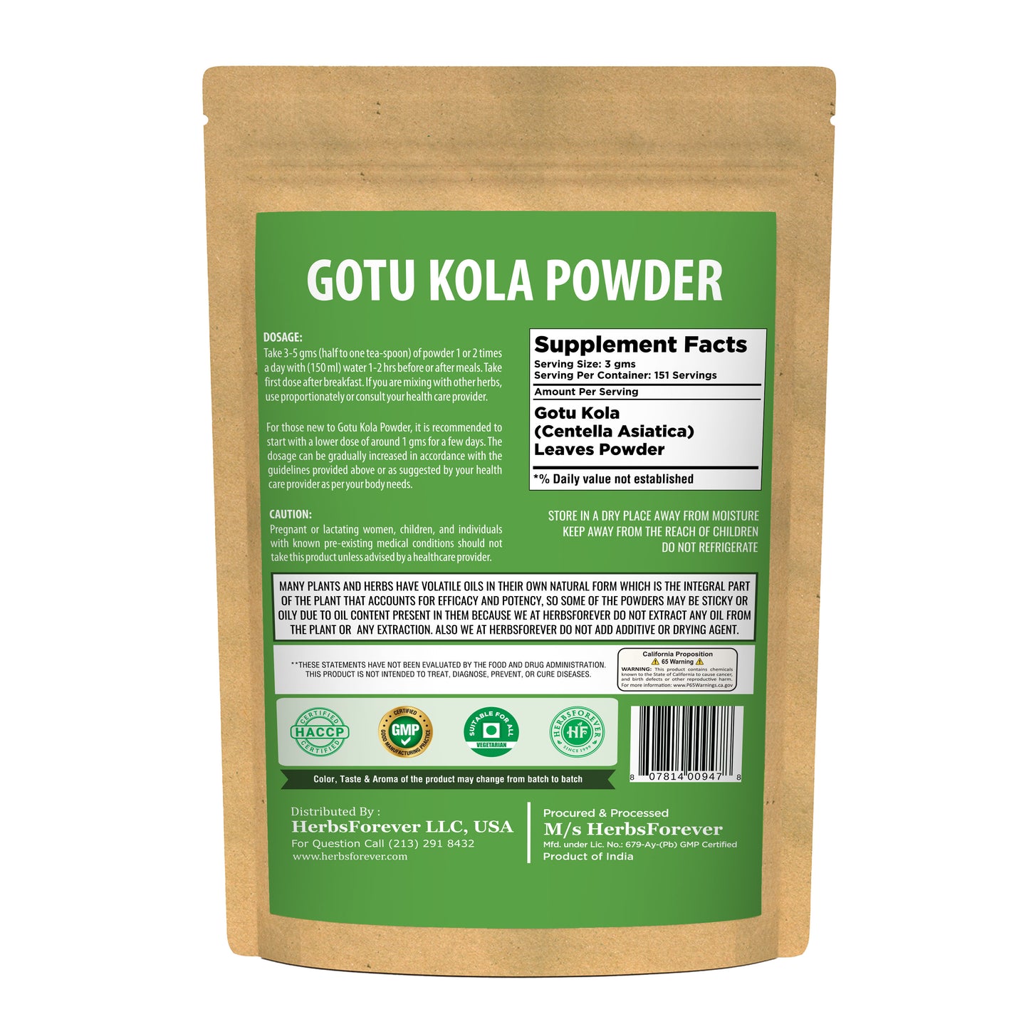 Gotu Kola Powder  (Centella Asiatica) - Non GMO - Vegan - (454 Gms - 1LBS)