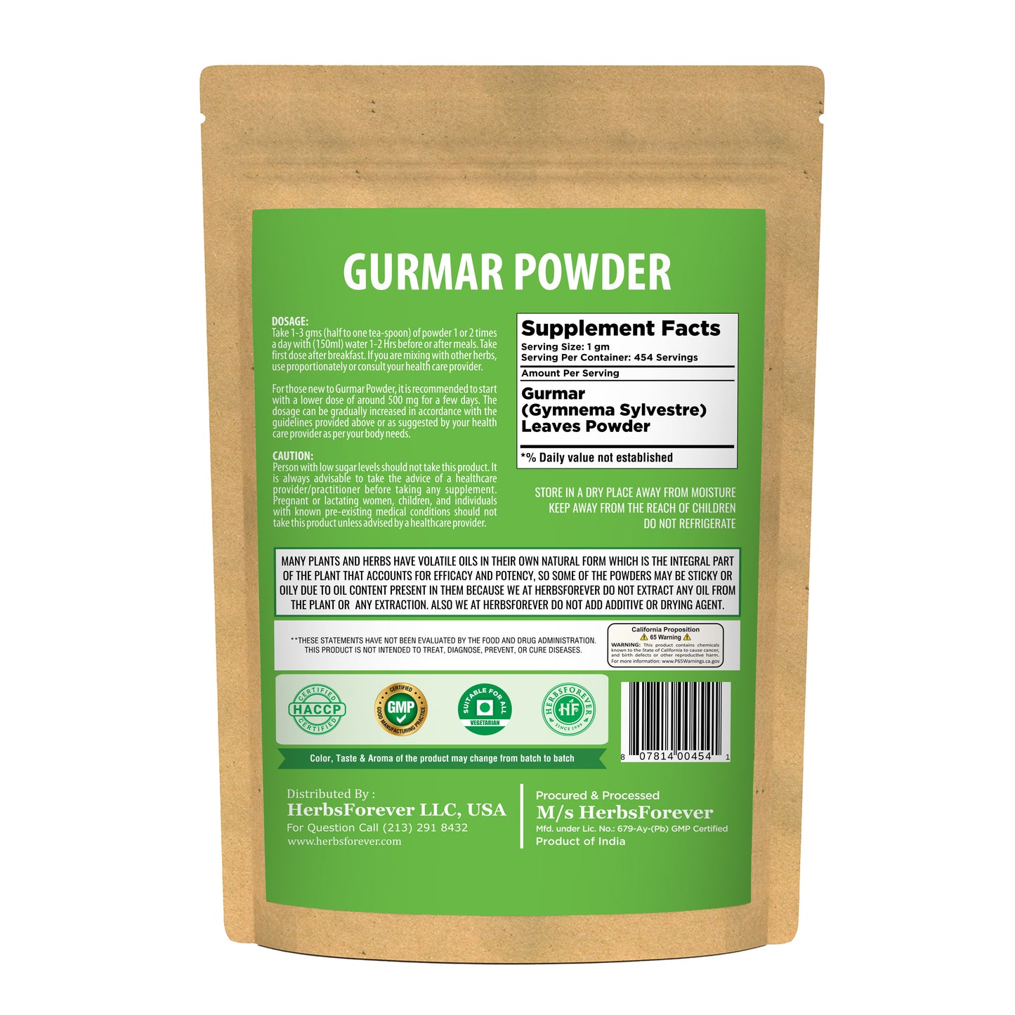 Gurmar Powder (Gymnema Sylvestre) – Non GMO – Vegan – (454 Gms – 1LBS)