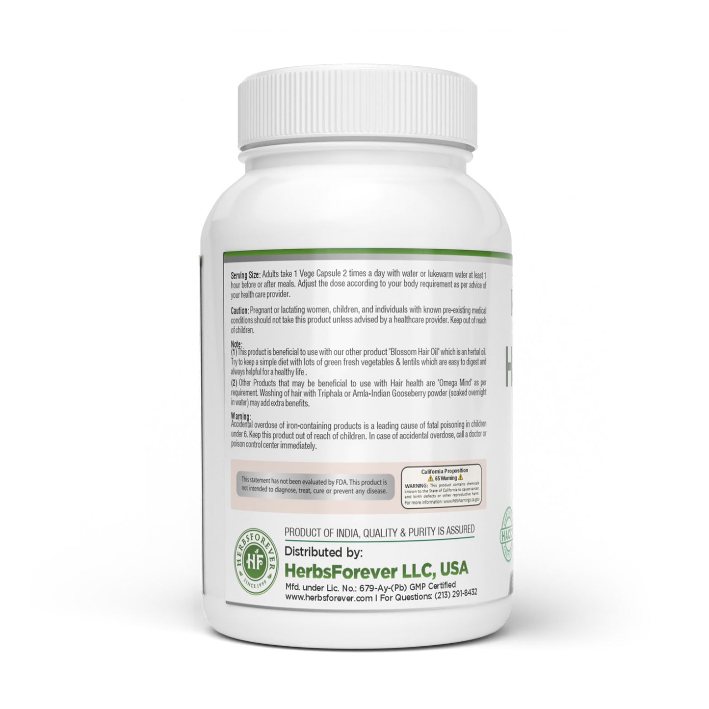 Hair Health Capsules - Ayurvedic Herbal Supplement – 90 Vege Capsules – 800 Mg Each