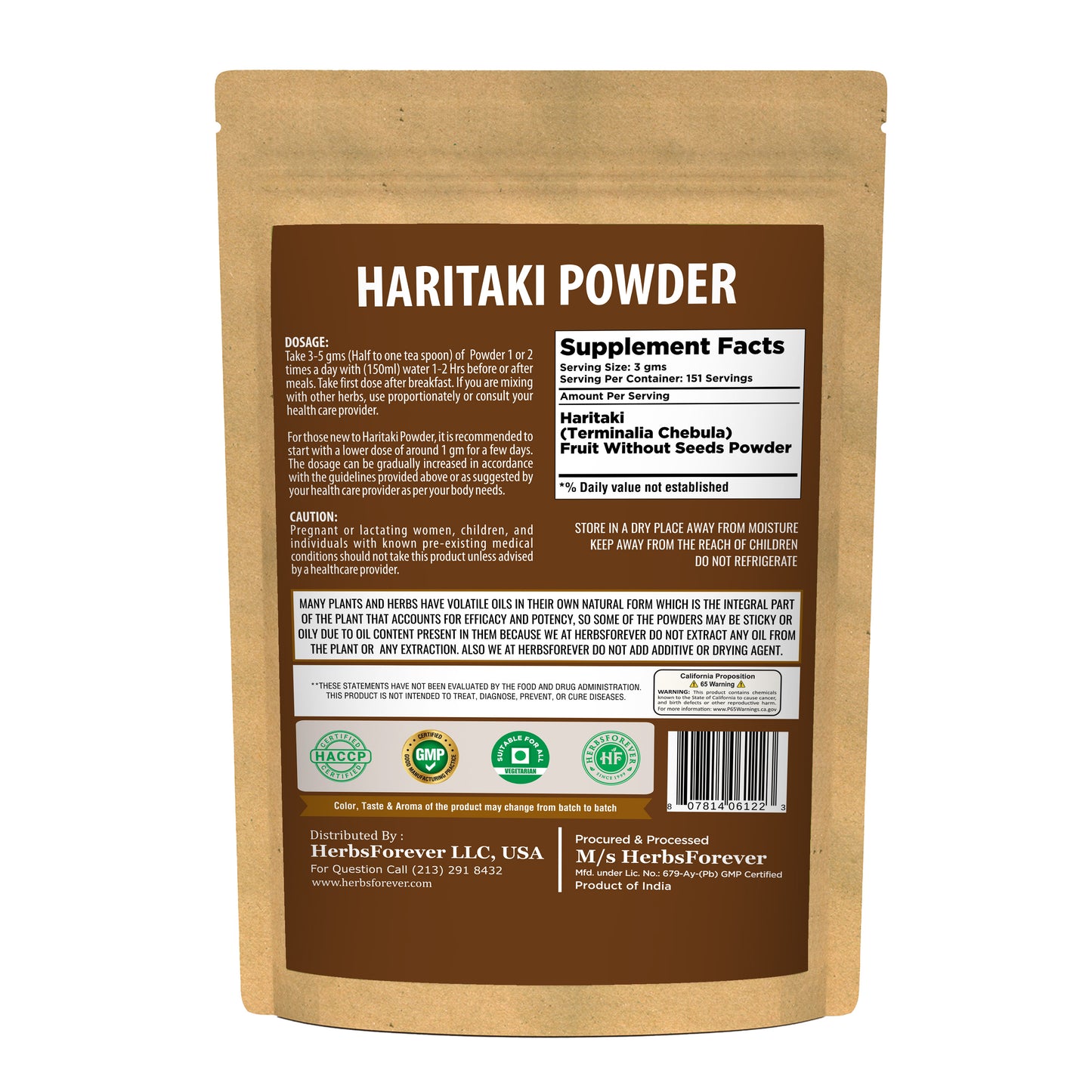 Haritaki Powder (Terminalia Chebula) – Non GMO – Vegan – (454 Gms – 1LBS)