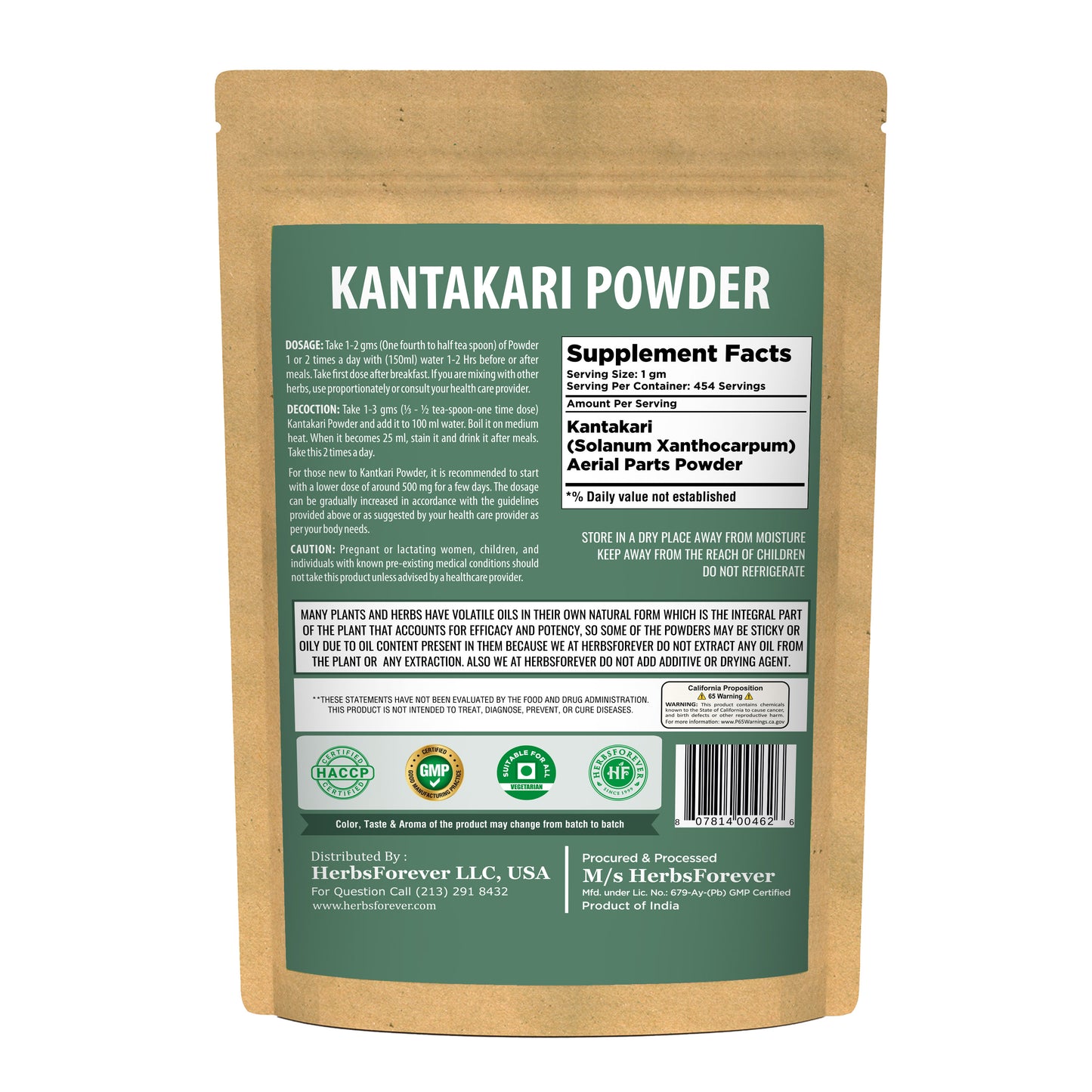 Kantakari Powder (Solanum xanthocarpum ) - Non GMO - Vegan - (454 Gms - 1LBS)