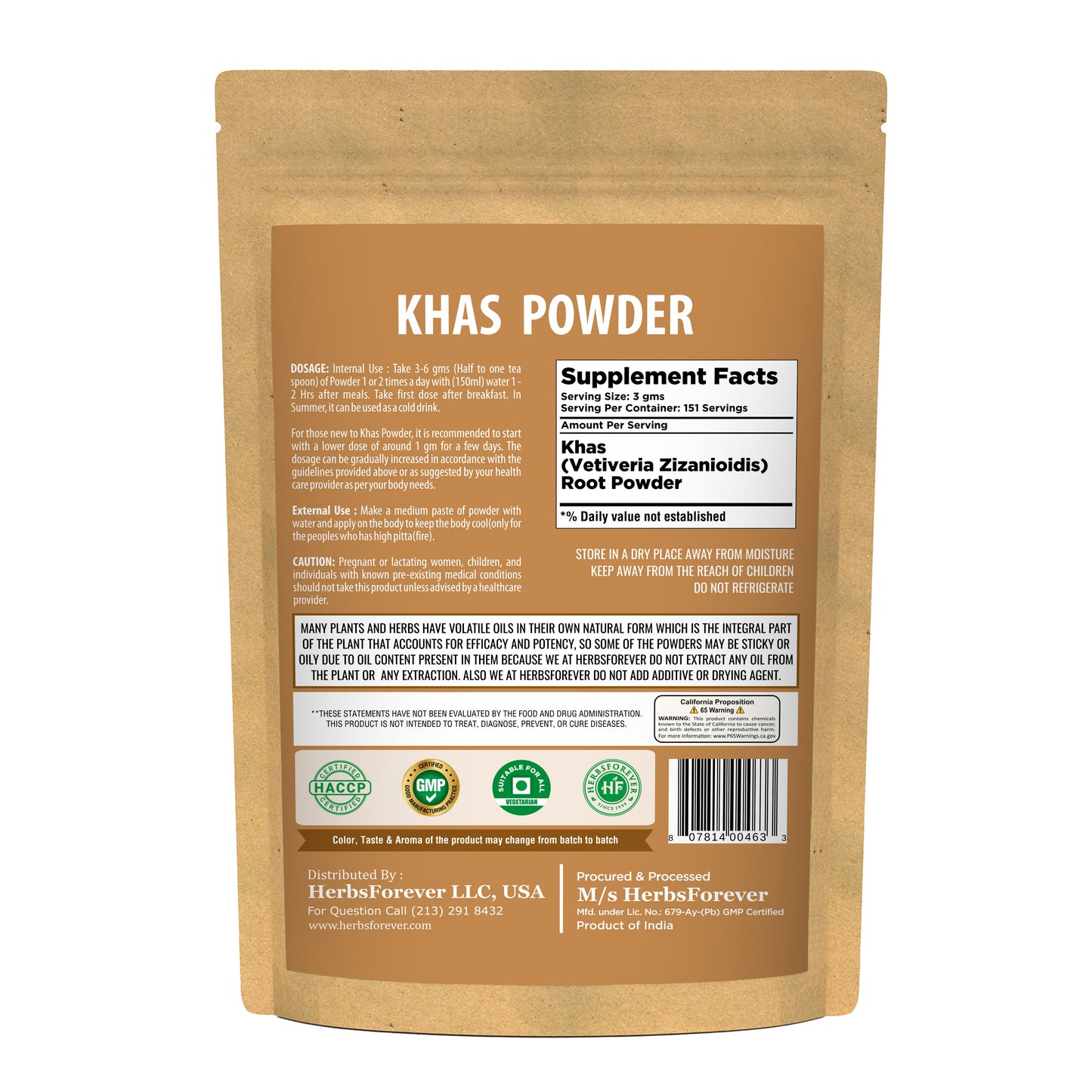 Khas Powder – Vetiveria Zizanioides - Non GMO - Vegan - (454 Gms - 1LBS)