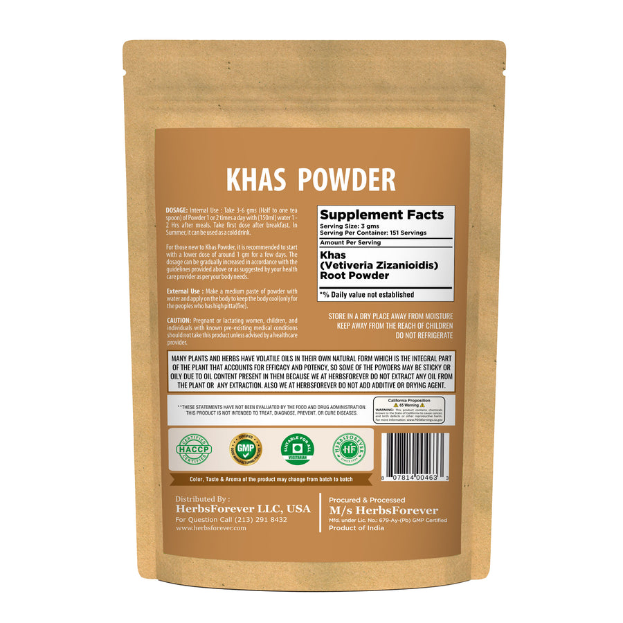 Khas Powder – Vetiveria Zizanioides - Non GMO - Vegan - (454 Gms - 1LBS)