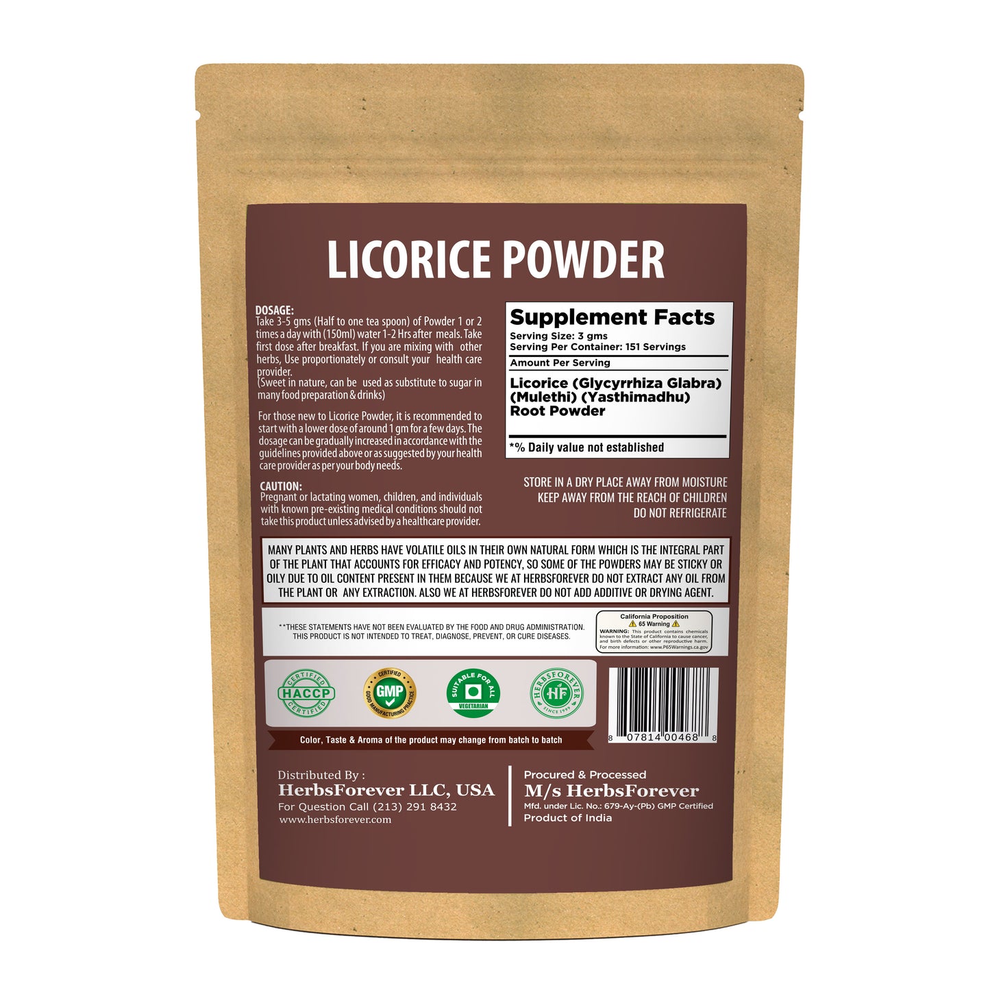 Licorice Powder (Glycyrrhiza Glabra) - Non GMO - Vegan – (454 Gm - 1LBS)