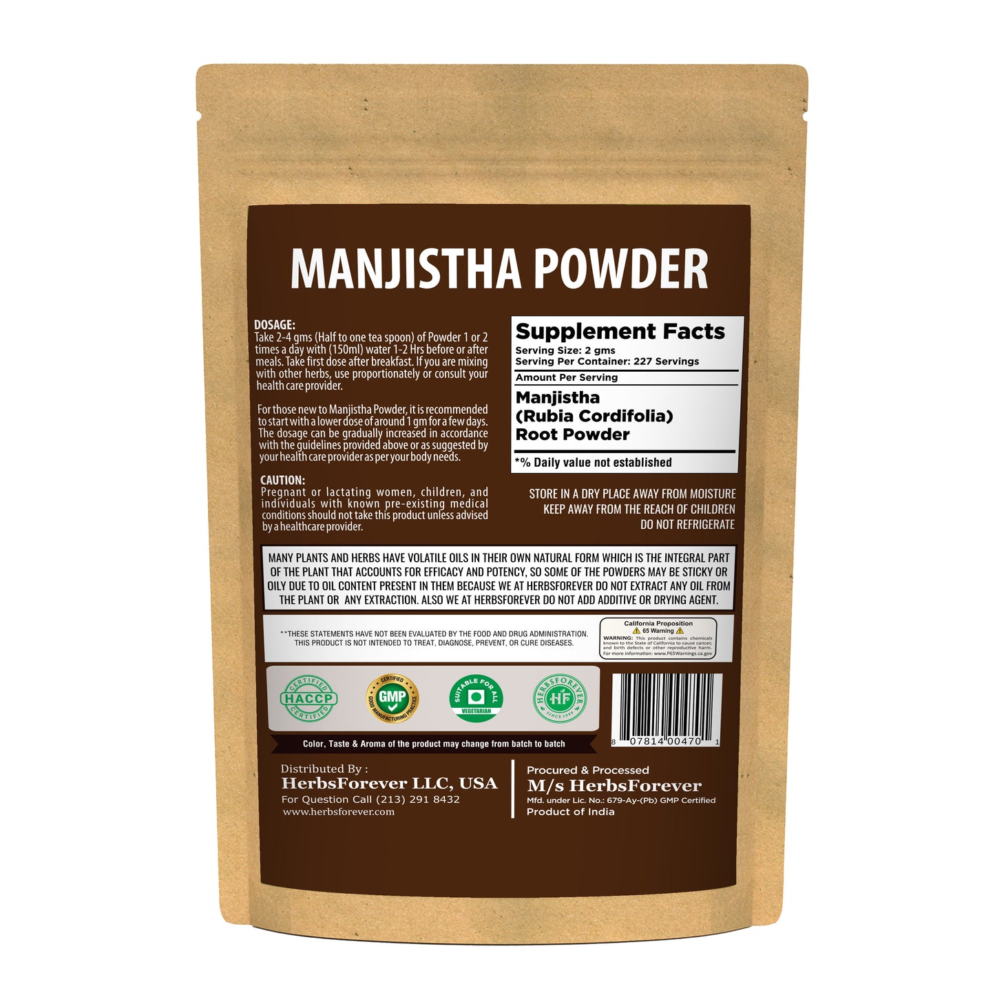 Manjistha Powder (Rubia Cordifolia) - Non GMO - Vegan - (454 Gms - 1LBS)