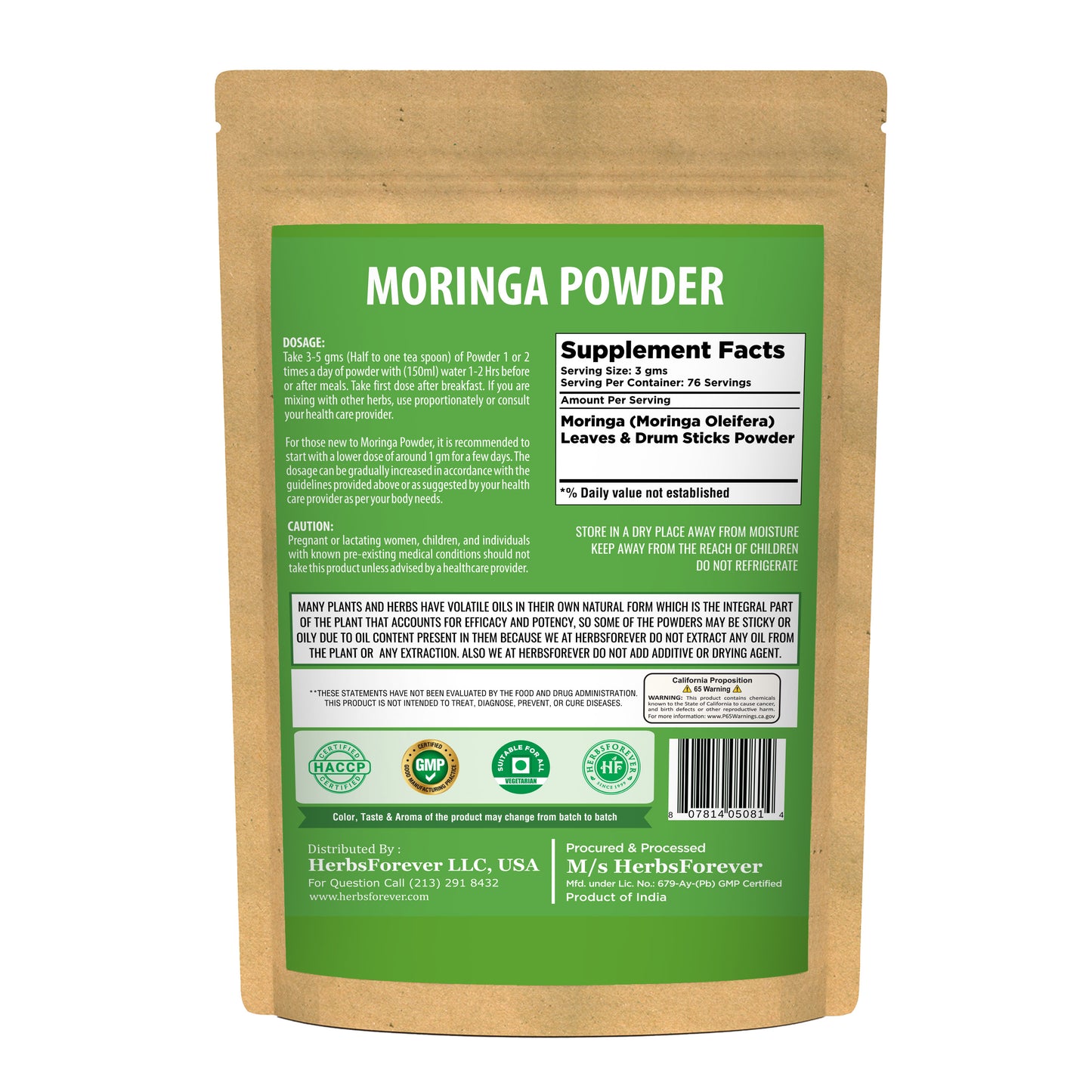 Moringa Powder (Moringa Oleifera) - Non GMO - Vegan - (230 Gms - ½ LBS)
