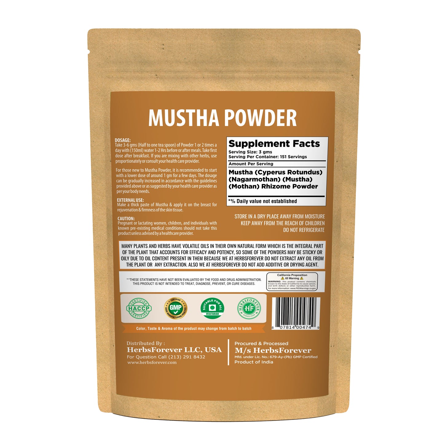 Mustha Powder (Cyperus Rotundus) - Non GMO - Vegan - (454 Gms - 1LBS)