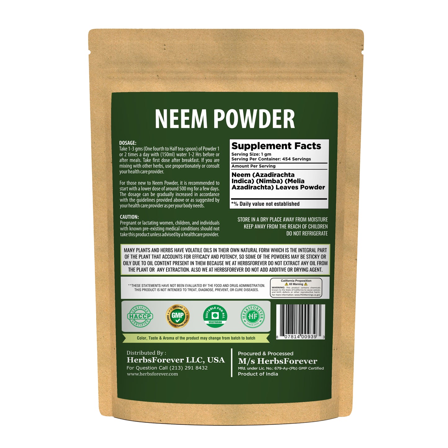 Neem Powder (Azadirachta Indica) - Non GMO - Vegan - (454Gms - 1LBS)