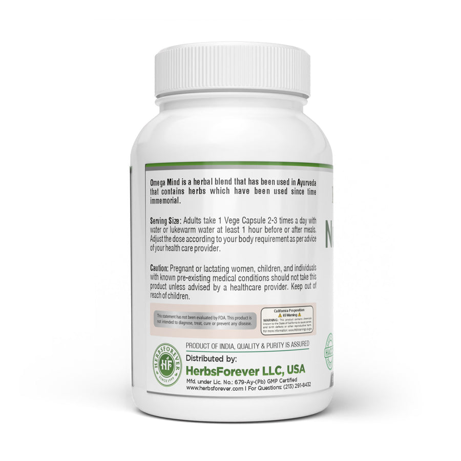Omega Mind Capsules - Ayurvedic Herbal Supplement – 90 Vege Capsules – 800 Mg Each