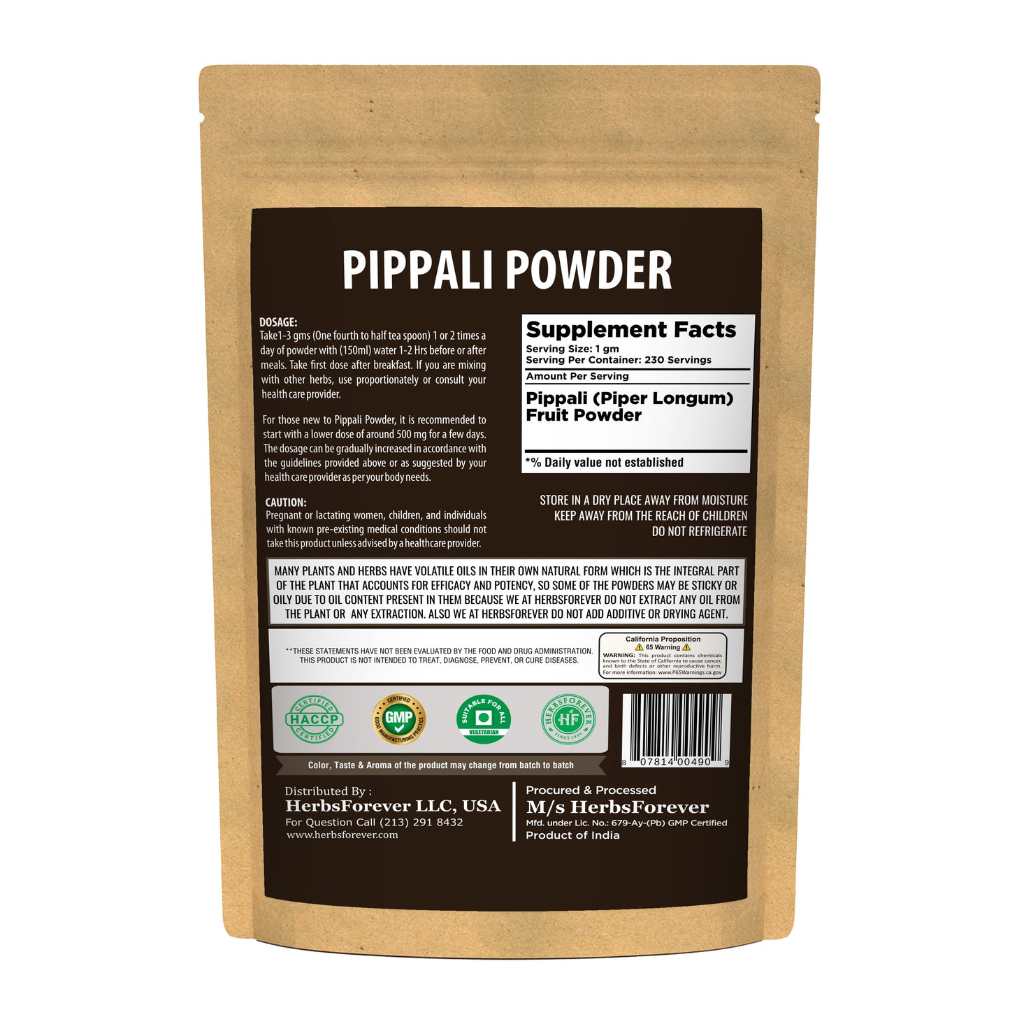 Pippali Powder (Piper Longum) - Non GMO - Vegan - (230 Gms- ½ LBS)