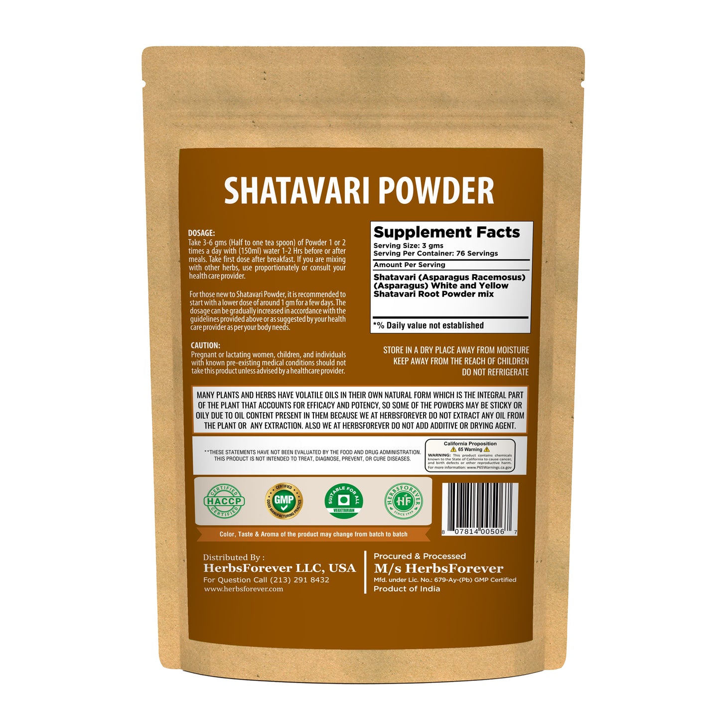 Shatavari Powder (Asparagus Racemosus) - Non GMO - Vegan - (230Gms -  ½ LBS)