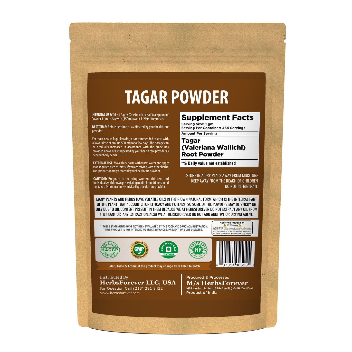 Tagar Powder (Valeriana Wallichii) - Non GMO - Vegan - (454 Gms - 1LBS)