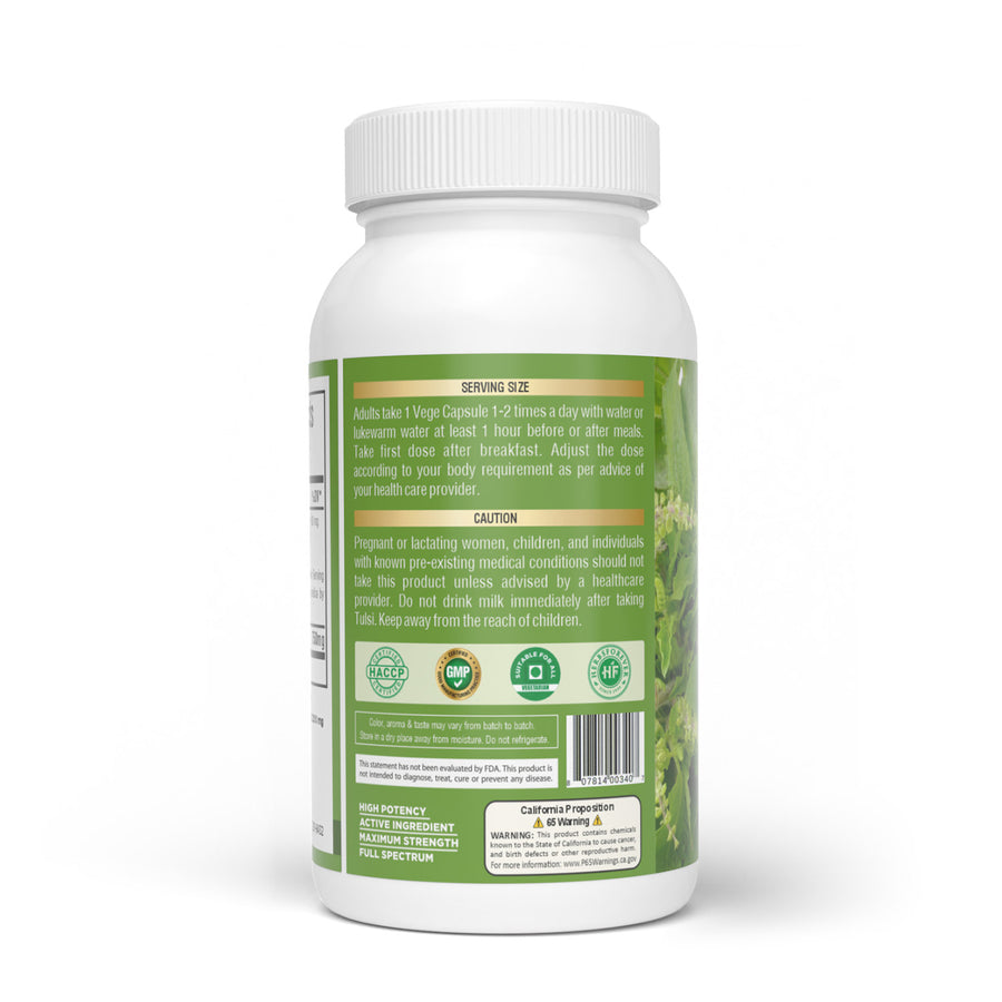 Tulsi Capsules – Ocimum Sanctum - 2% ursolic acid - Extract Ratio 10:1 - 60 Vege Capsules - 750 mg each