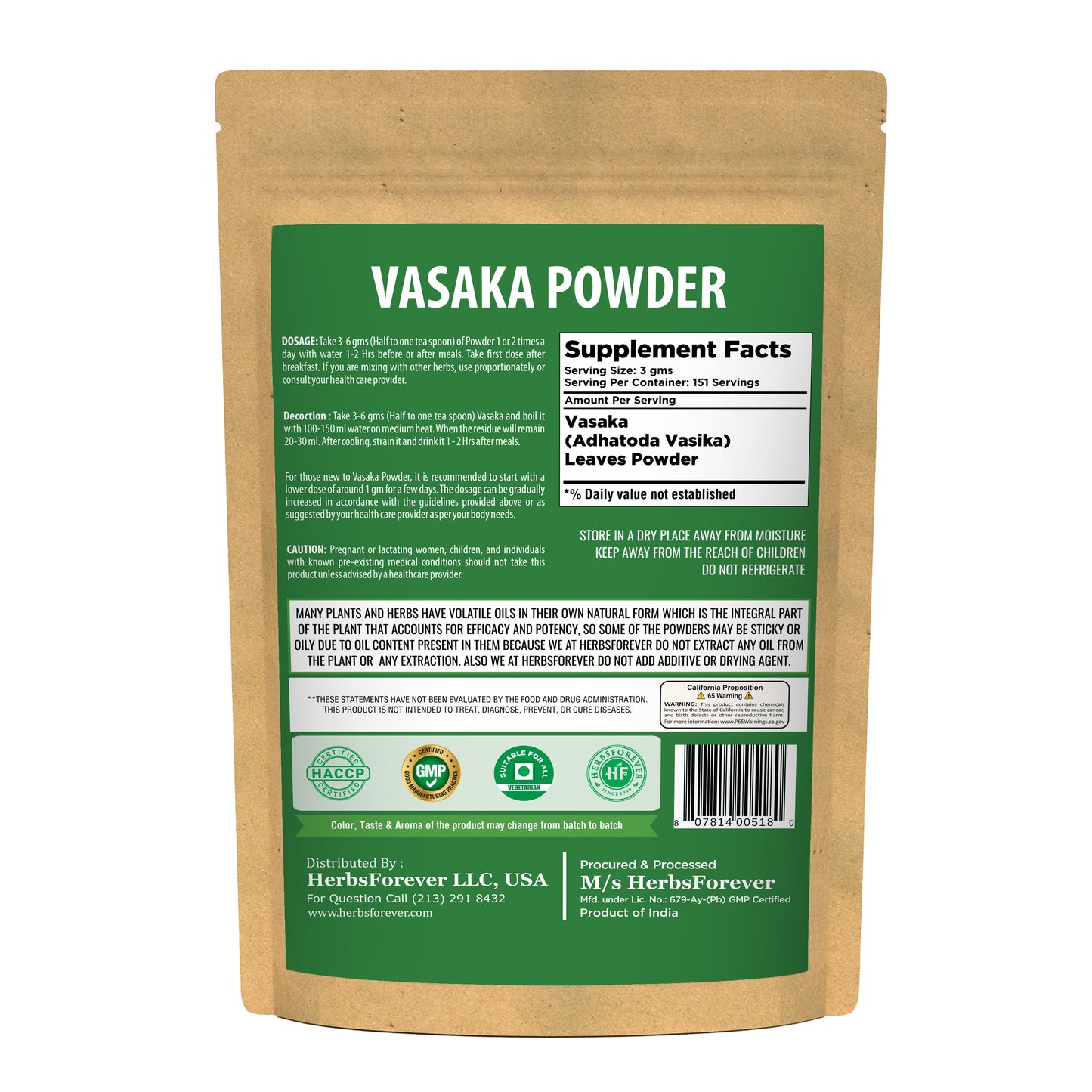 Vasaka Powder (Adhatoda Vasica) - Non GMO - Vegan - (454 Gms - 1LBS)