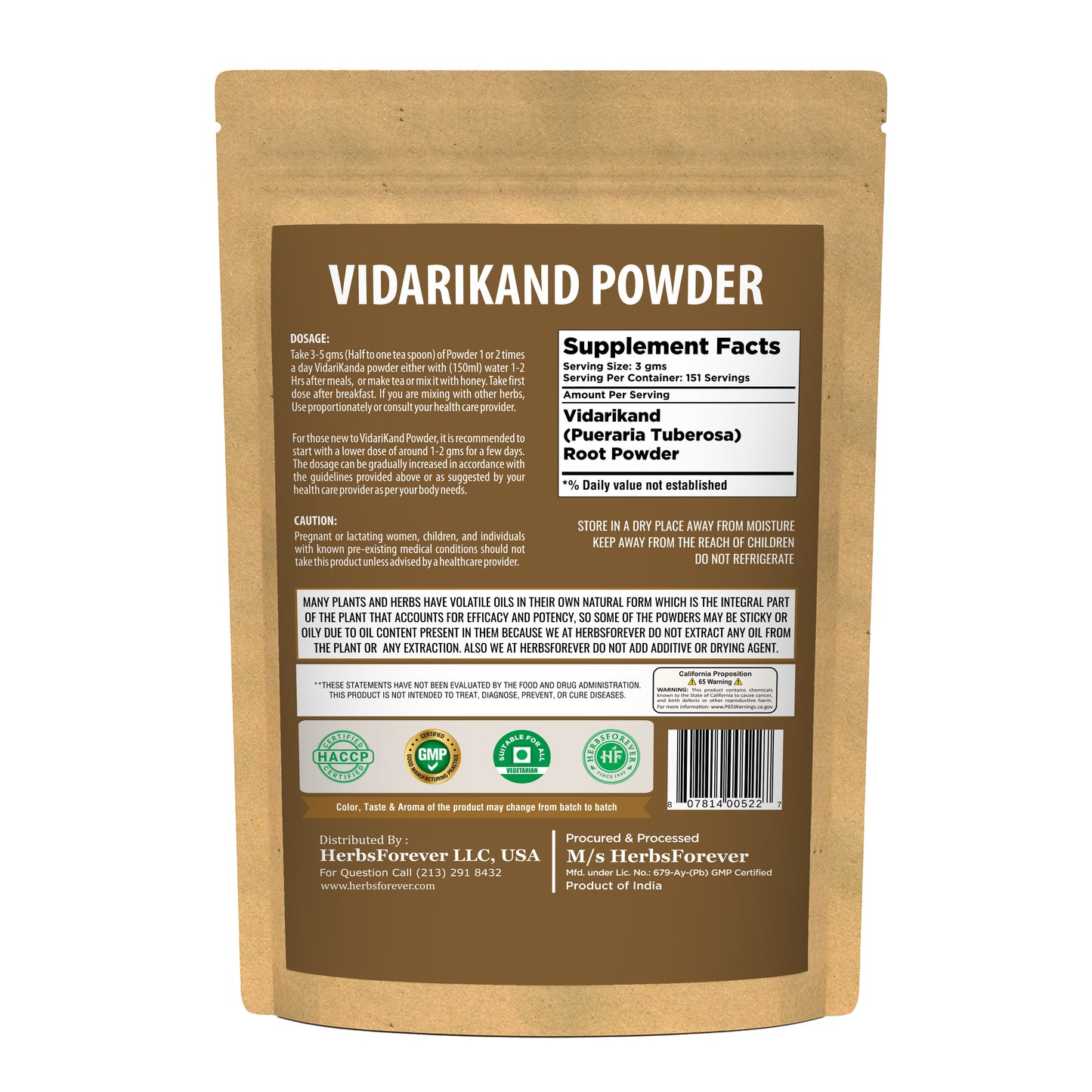 Vidari Kanda Powder (Pueraria Tuberosa) - Non GMO - Vegan - (454 Gms - 1LBS)