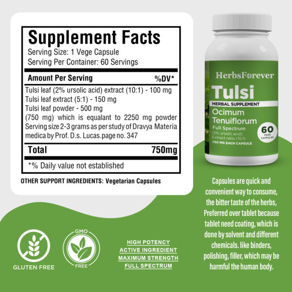 Tulsi Capsules – Ocimum Sanctum - 2% ursolic acid - Extract Ratio 10:1 - 60 Vege Capsules - 750 mg each