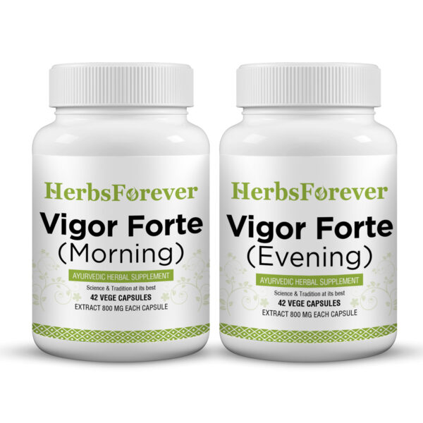 bnr1_vigor-forte_42Caps Vigor Forte Capsules - Ayurvedic Herbal Supplement – Combination Pack (2 Bottles) Morning Strength: 42 Capsules, 800 mg each & Evening Strength 42 Veg Capsules, 800 mg each
