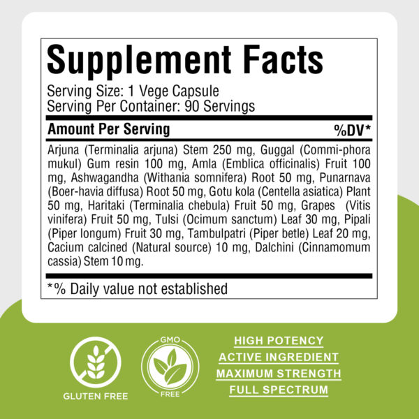 Heart Health Capsules - Ayurvedic Herbal Supplement – 90 Vege Capsules – 800 Mg Each