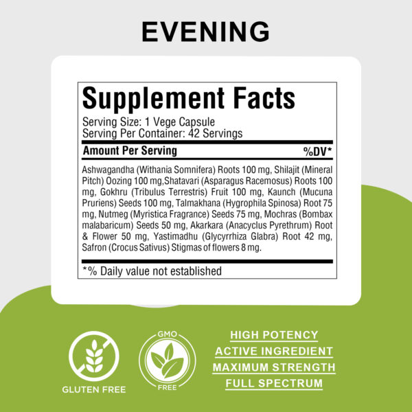 bnr3a_vigor-forte_42Caps_evening Vigor Forte Capsules - Ayurvedic Herbal Supplement – Combination Pack (2 Bottles) Morning Strength: 42 Capsules, 800 mg each & Evening Strength 42 Veg Capsules, 800 mg each