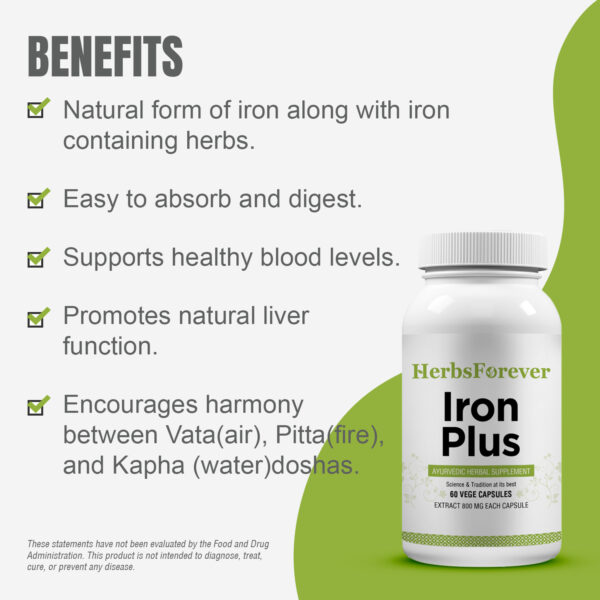 Iron Plus Capsules - Ayurvedic Herbal Supplement – 60 Vege Capsules – 800 Mg Each